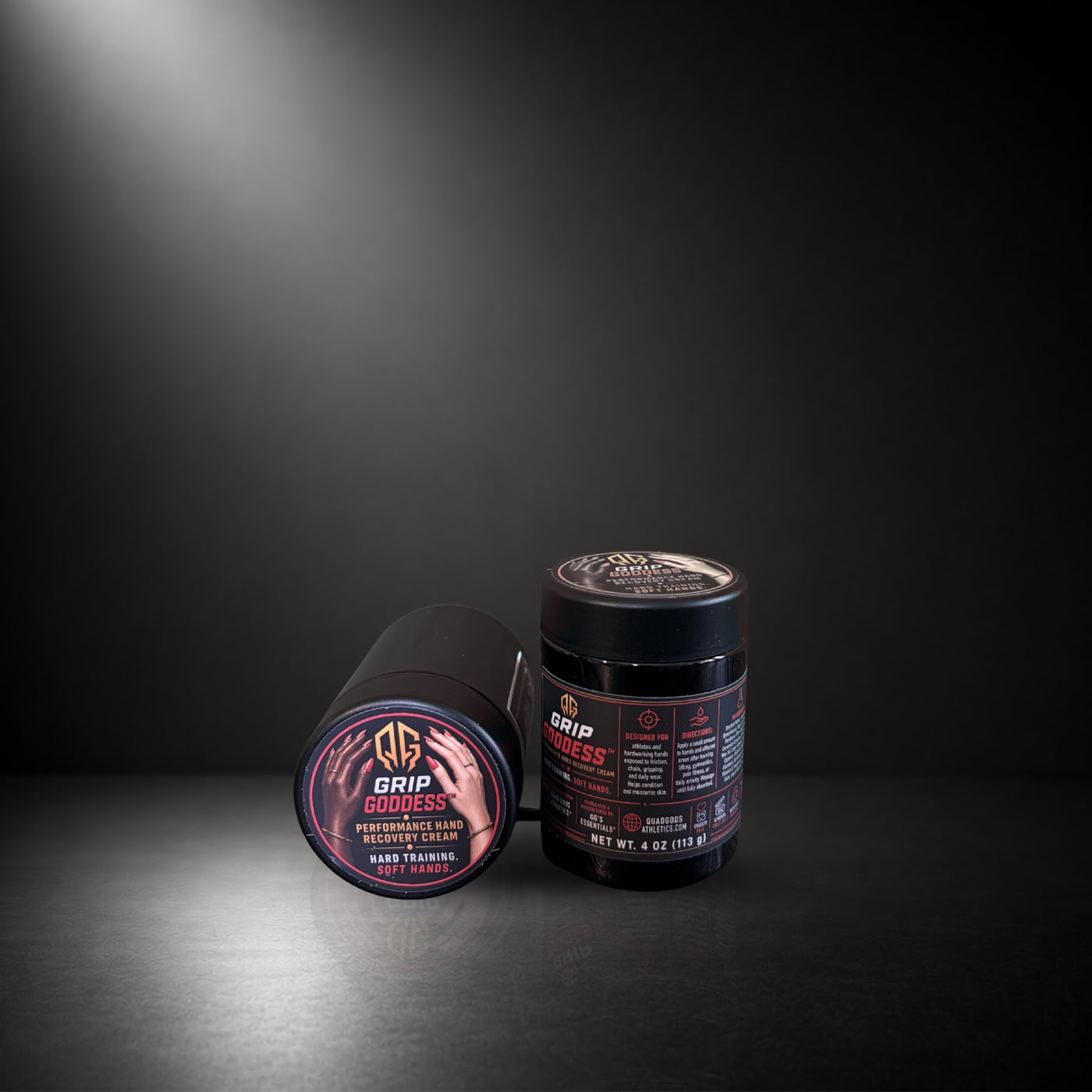 Grip Goddess Performance Hand Recovery Cream — two 4 oz (113 g) jars on a dark background